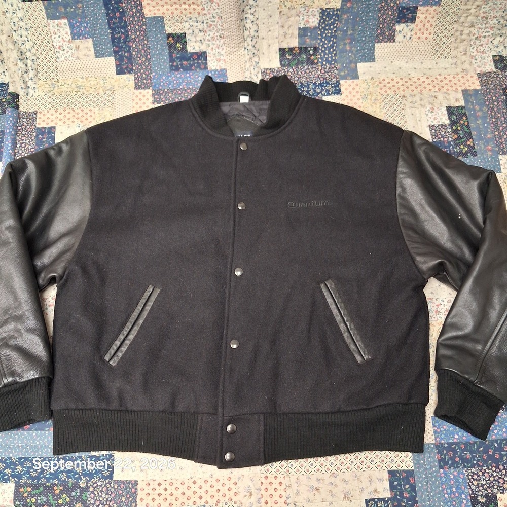 Vantage Leather Sleeve Wool Varsity Jacket Mens M Black Bomber Quantum Letterman